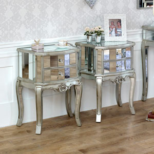 Tiffany Range - Bedroom Set, Pair of Mirrored 2 Drawer Bedside Tables