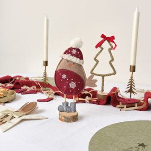 Neutral & Red Felt Robin Standing Decoration with Wooden Base - 22cm Neutral & Red Felt Robin Standing Decoration with Wooden Base - 22cm