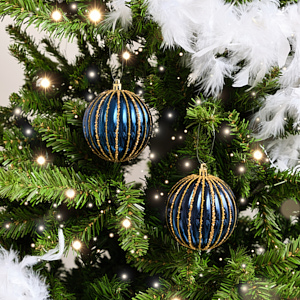 Set of 2 Blue Glitter Striped Reeded Hanging Baubles - 8cm Set of 2 Blue Glitter Striped Reeded Hanging Baubles - 8cm
