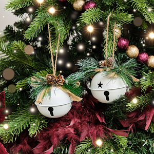 Set of 2 White Bell Hanging Decoration with Foliage 8cm Set of 2 White Bell Hanging Decoration with Foliage 8cm