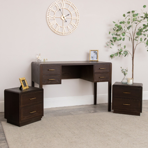 Dark Wood 4 Drawer Dressing Table & Pair of Bedside Tables - Kingsley Range