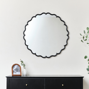 Black Satin Scalloped Frame Round Wall Mirror - 80cm x 80cm