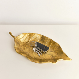 Large Antique Gold Bay Leaf Shaped Trinket Tray - 36cm