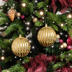 Set of 2 Gold Glitter Striped Reeded Hanging Bauble Decorations - 8cm Set of 2 Gold Glitter Striped Reeded Hanging Bauble Decorations - 8cm