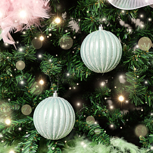 Set of 2 Icy Blue Glitter Striped Reeded Hanging Baubles - 8cm Set of 2 Icy Blue Glitter Striped Reeded Hanging Baubles - 8cm