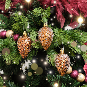 Set of 3 Gold & Bronze Sequin Pinecone Bauble Decorations - 6.5cm