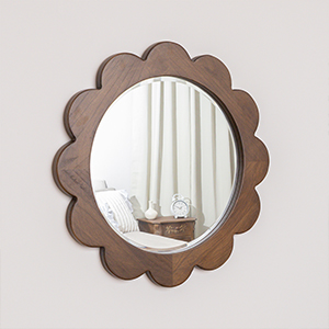 Dark Wood Scalloped Edge Bevelled Wall Mirror - 70cm