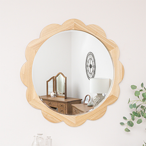 Large Light Wood Scalloped Edge Bevelled Wall Mirror - 97cm