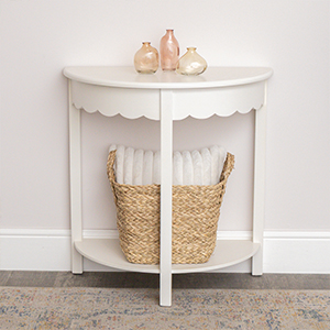 White Scalloped Half Moon Console Table with Shelf - 78cm x 80cm