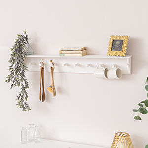 Large White Washed Mango Wooden Wall Shelf with Hooks - 100cm