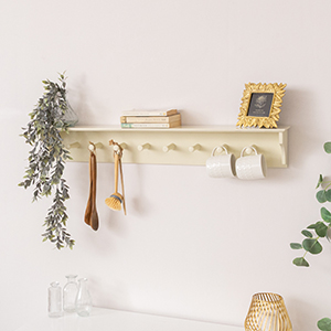 Large Ivory Wooden Wall Shelf with Hooks - 100cm
