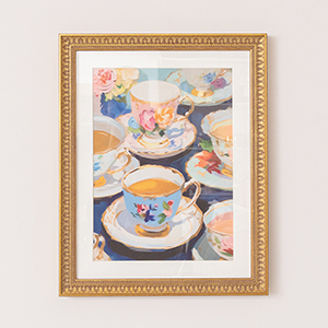 Textured Watercolour Teacups Wall Art Print with A Gold Frame - 40cm x 50cm