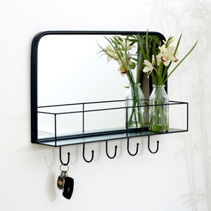 Black Mirrored Wall Shelf With Hooks