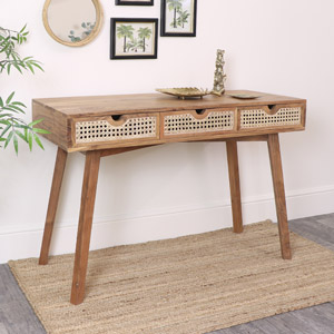 Wood & Cane 3 Drawer Desk/Console Table