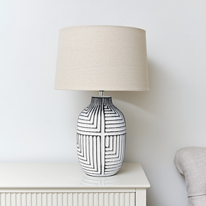 Large Abstract Monochrome Table Lamp with Beige Linen Shade