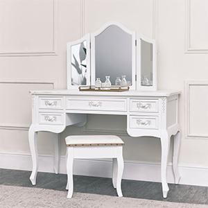 Pays Blanc Antique White Dressing Table with Triple Mirror and Stool