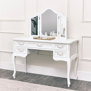 White Dressing Table Desk with Triple Mirror - Pays Blanc Range