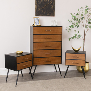Mid-Century Modern Wooden & Black 5 Drawer Tallboy & Pair of 2 Drawer Bedside Tables - Industrial Range