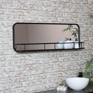 Large Black Industrial Mirror with Shelf