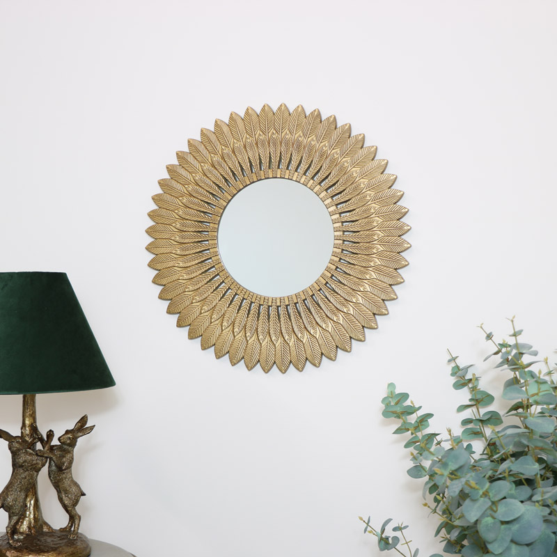 Large Round Gold Feathered Wall Mirror 