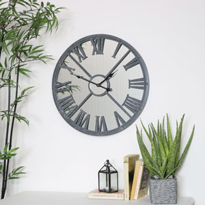 Grey Metal Distressed Mirrored Wall Clock