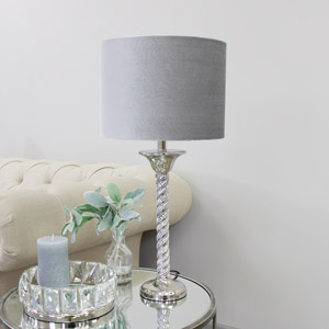 Silver Twist Table Lamp with Grey Velvet Shade