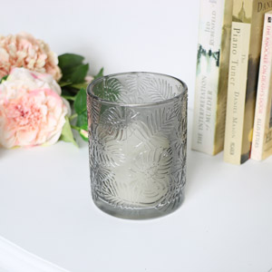 Grey Leaf Print Glass Candle Holder