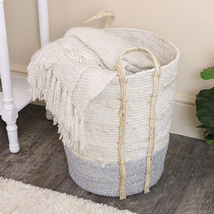 Large Tall White & Grey Seagrass Basket