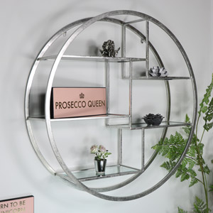 Large Round Silver Mirrored Multi Shelf Unit