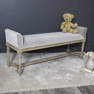Ornate Taupe Upholstered Long Bench