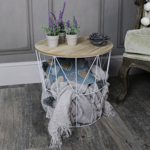 White Metal Wire Basket Wooden Top Side Table