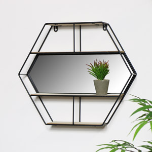 Black Hexagon Wall Shelf - Hexagon Mirror