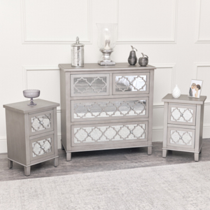 Large Silver Mirrored Chest of Drawers & Pair of Bedside Tables - Sabrina Silver Range