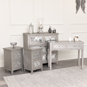 Large Silver Mirrored Chest of Drawers, Console / Dressing Table & Pair of Bedside Tables - Sabrina Silver Range