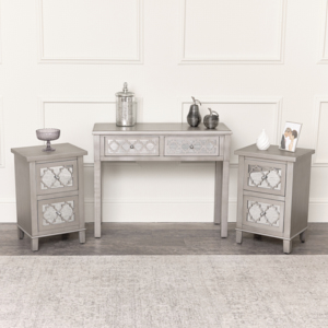 Silver Mirrored Console Table / Dressing Table & Pair of Silver Mirrored Bedside Tables - Sabrina Silver Range