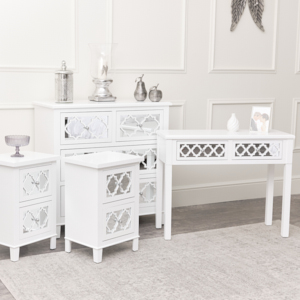 Large White Mirrored Chest of Drawers, Console / Dressing Table & Pair of Bedside Tables - Sabrina White Range