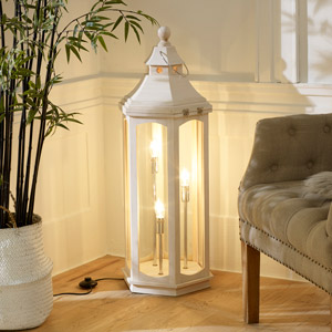 White Washed Wooden Lantern Floor Lamp
