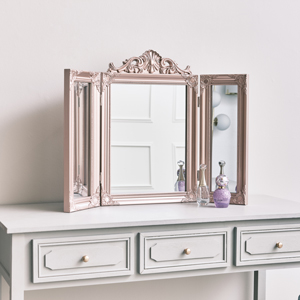 Rose Gold Pink Ornate Dressing Table Triple Mirror 74cm x 56cm