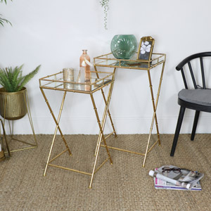 Set of 2 Gold Mirrored Bamboo Side Tables
