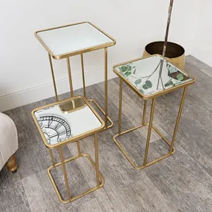 Set of 3 Gold Mirrored Square Side Tables