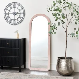 Tall Baby Pink Velvet Arched Frame Wall Mirror 54cm x 142cm 