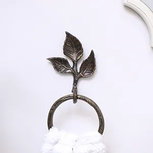 Antique Brass Leaf Detail Textured Towel Ring Holder