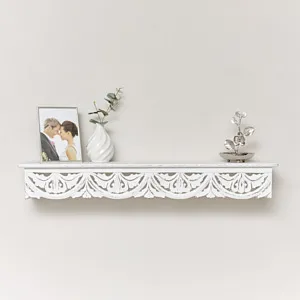 Large White Wooden Carved Boho Wall Shelf - 81cm