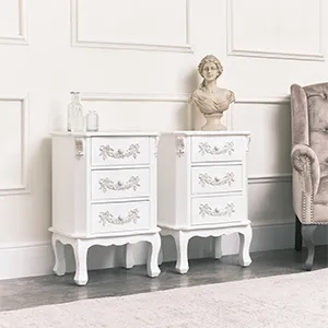 Pair of Antique White 3 Drawer Bedside Table - Pays Blanc Range 