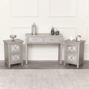 Silver Mirrored Console Table / Dressing Table & Pair of Silver Mirrored Bedside Tables - Sabrina Silver Range