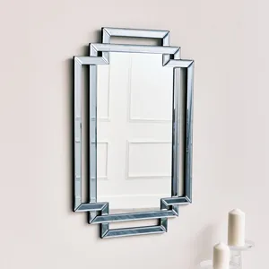 Grey Glass Art Deco Rectangle Wall Mirror - 80cm x 50cm 