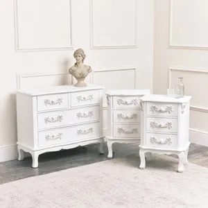 Antique White 4 Drawer Chest of Drawer & Pair of 3 Drawer Bedside Tables - Pays Blanc Range 
